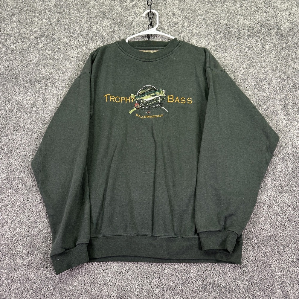 Vtg Headwaters Sweatshirt Mens Large Green Fleece Crew Neck Trophy Bass Fish